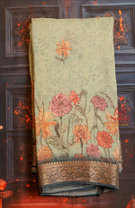 GEORGETTE CRUSH GREEN COLOUR BODY WITH FANCY MOTIFS AND CONTRAST PALLU & BLOUSE