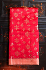 RANI PINK COLOUR RAW MANGO SAREE WITH SILVER ZARI MOTIF WITH CONTRAST BLOUSE & BORDER