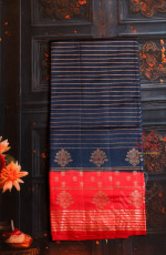  CHINIYA SAREE IN SPACE BLUE COLOUR WITH STRIPS DESIGN BODY & BUTTA AND CONTRAST COLOUR PALLU & BLOUSE