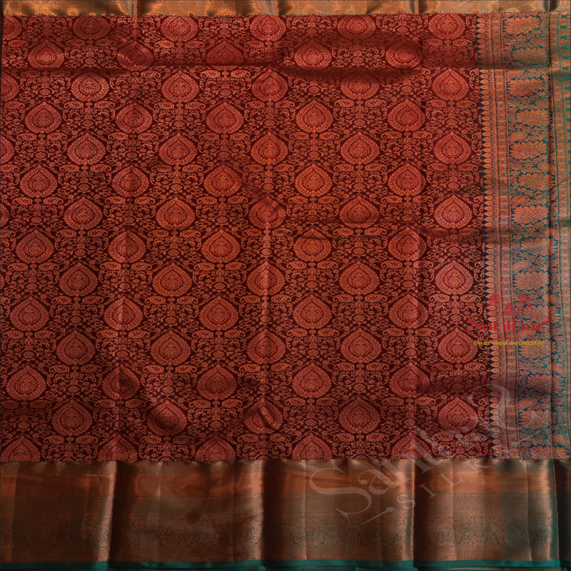 DARK MAROON COLOUR BODY WITH JACQUARD FLORAL EMBOSED WITH CONTRAST GREEN BLOUSE & BORDER