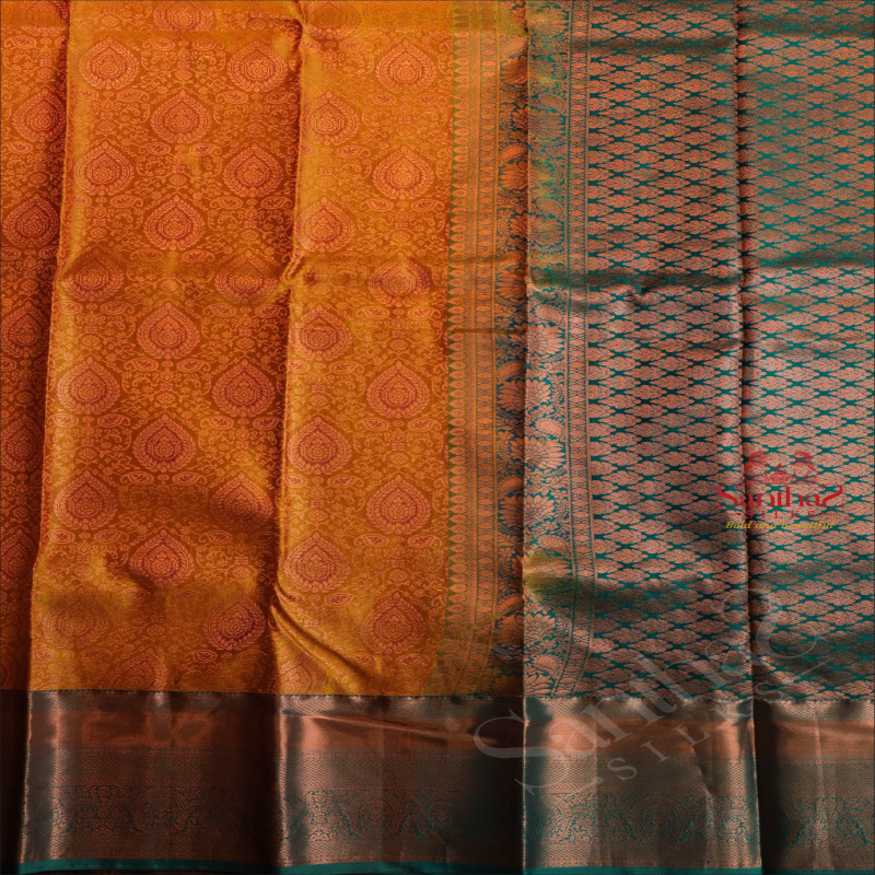 MUSTARD YELLOW COLOUR BODY WITH JACQUARD FLORAL EMBOSED WITH CONTRAST BLUE BLOUSE & BORDER