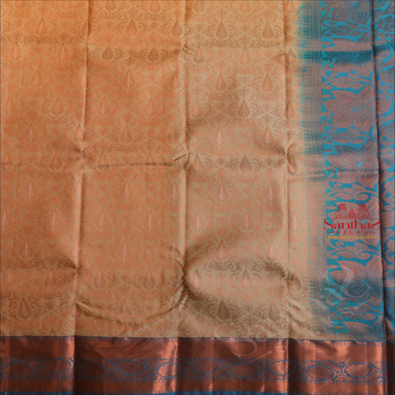 SANDAL COLOUR BODY WITH JACQUARD FLORAL EMBOSED WITH CONTRAST BLUE BLOUSE & BORDER