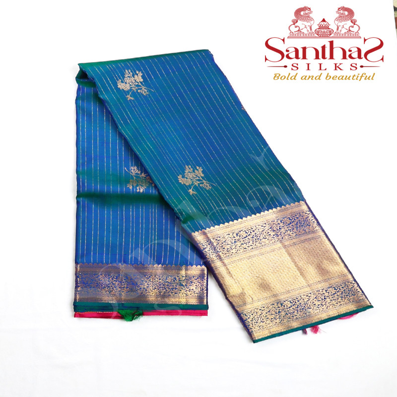 Peacock Blue Vairaoosi Pure Silk Saree with Self Border