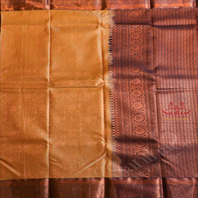 SANDAL COLOUR BODY WITH JACQUARD FLORAL EMBOSED IN COPPER ZARI WITH CONTRAST BLOUSE & BORDER