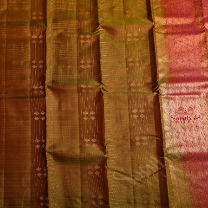 OLIVE GREEN COLOUR BODY WITH GOLDEN ZARI STRIPS & BUTTAS AND CONTRAST PALLU & BLOUSE