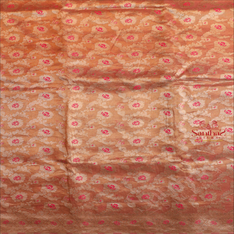 BANARAS TISSUE SAREE IN ROSEGOLD COLOUR WIYH FLORAL DESIGN