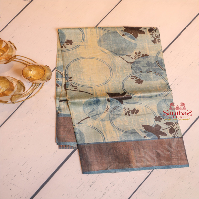 BLUE COLOUR TUSSAR SAREE IN FLORAL PATTERN WITH SELF BLOUSE