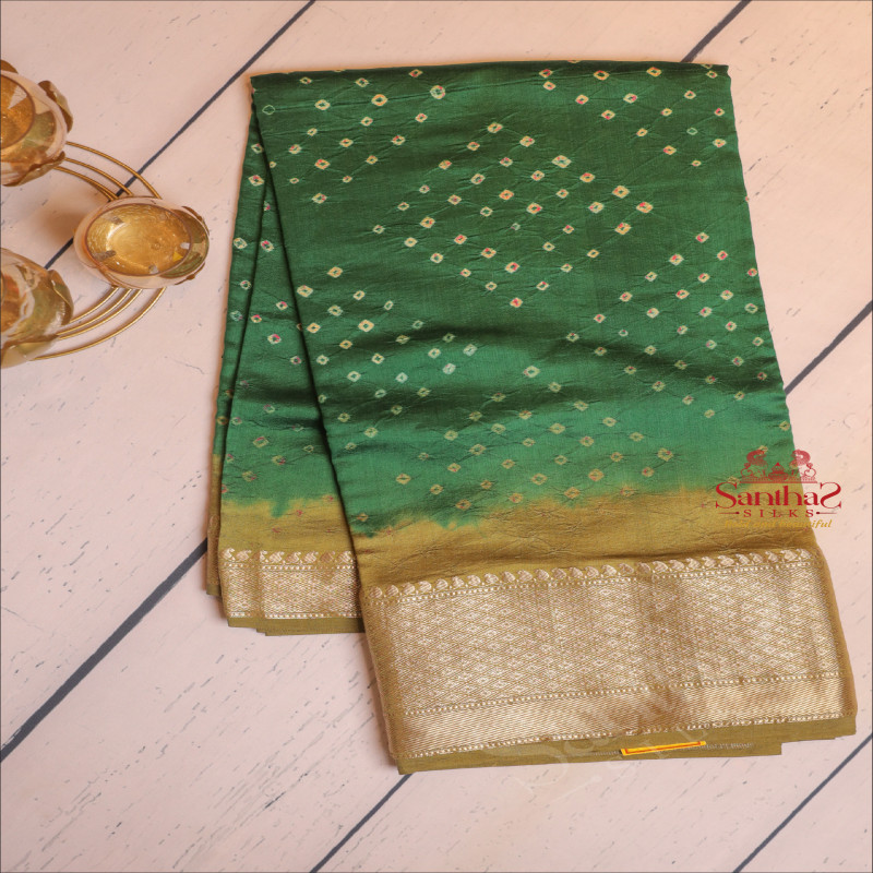  DUPION SAREE IN GREEN COLOUR WITH BANDHANI PATTERN 