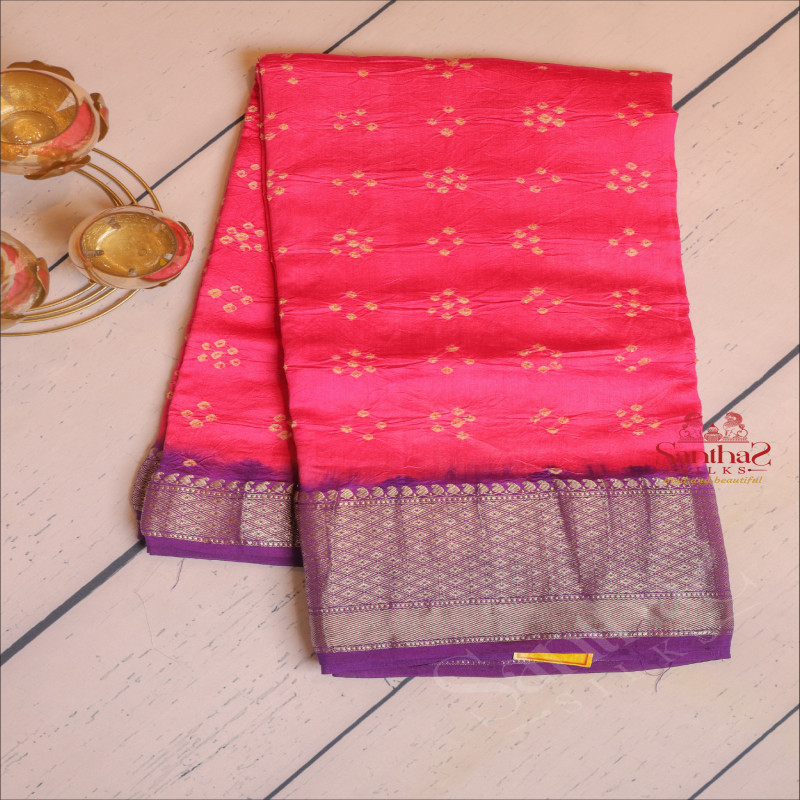  DUPION SAREE IN ROSE COLOUR WITH BANDHANI PATTERN