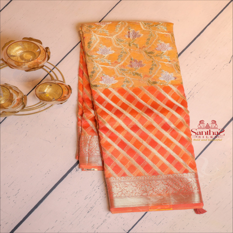 ORGANZA TISSUE SAREE IN ORANGE COLOUR WITH HALF & HALF DESIGN
