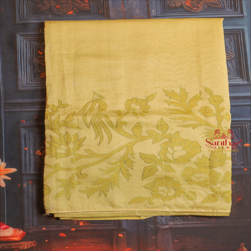 COTTON SAREE WITH APPLICK WORK IN GREEN APPLE COLOUR