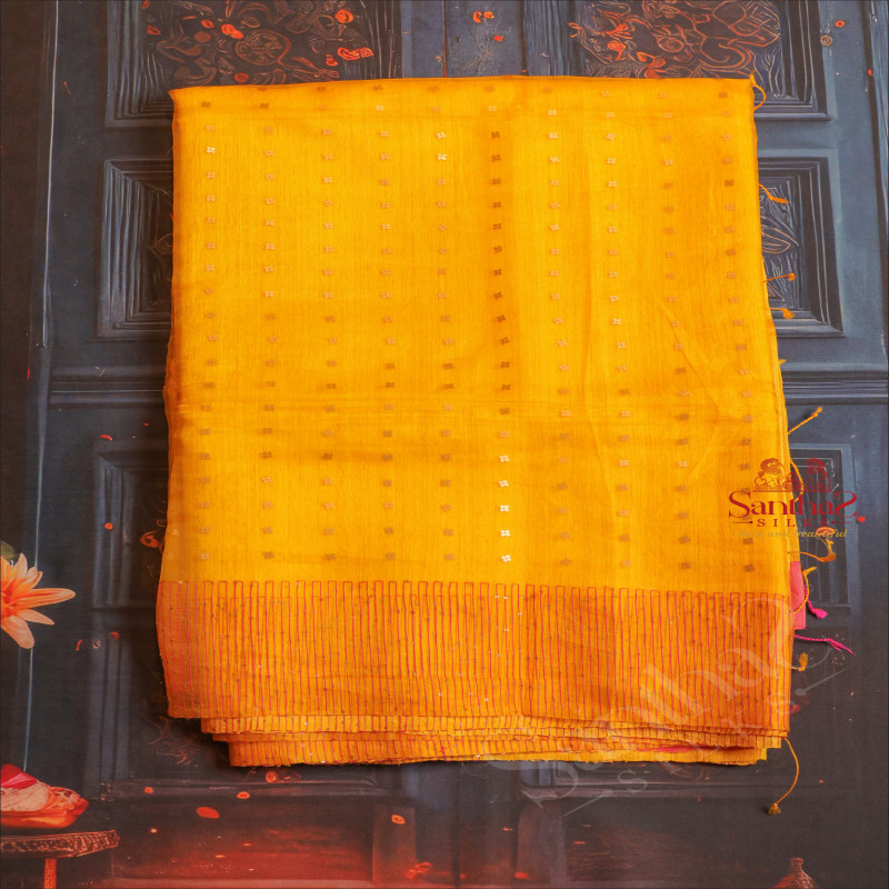 ORGANZA SAREE IN YELLOW COLOUR WITH CONTRAST BLOUSE & BORDER