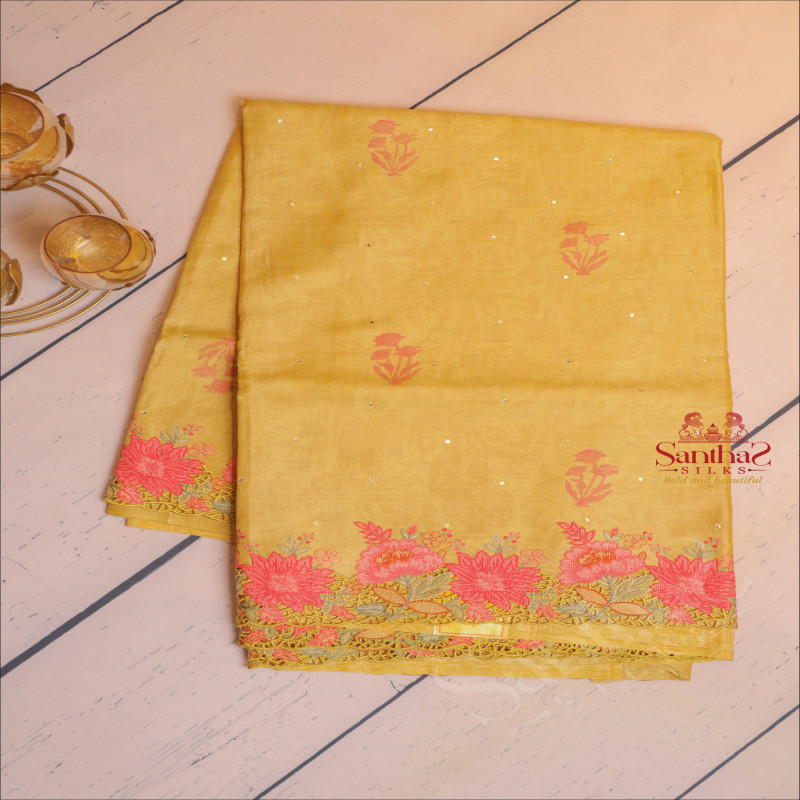  TUSSAR SAREE CUT WORK FLORAL BORDER IN OLIVE GREEN COLOUR WITH SELF BLOUSE