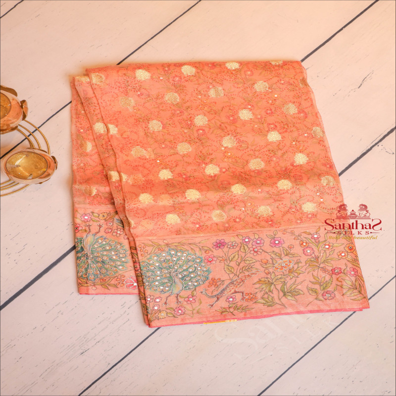 ORGANZA SAREE WITH DIGITAL PRINT IN LIGHT PEACH COLOUR AND HANDWORK
