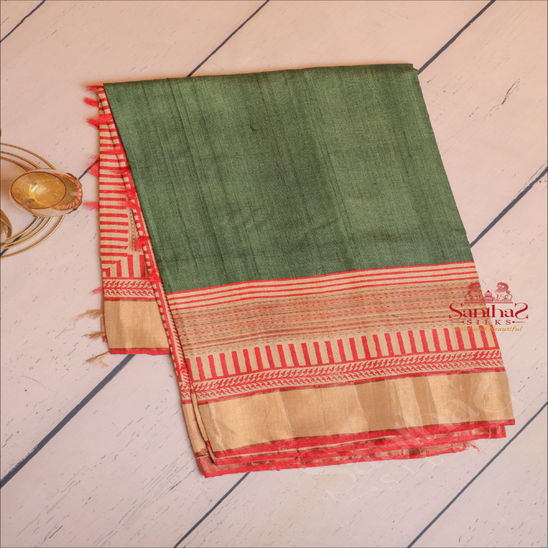 TUSSAR SAREE IN BOTTLE GREEN COLOUR WITH LONG CONTRAST BORDER & BLOUSE