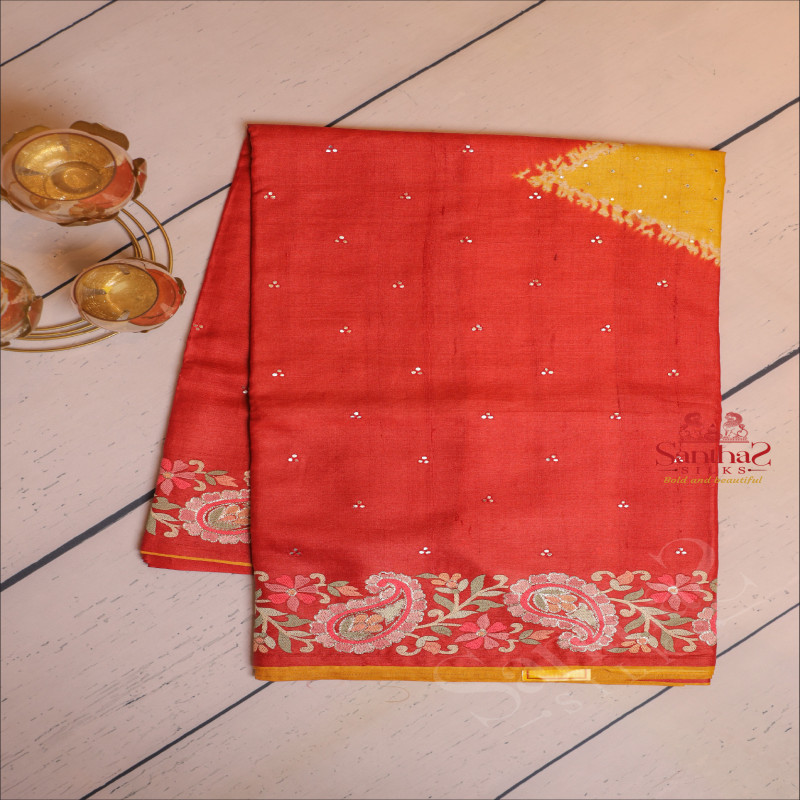 TUSSAR SAREE WITH FLORAL EMBRODERY BUTTA IN RED COLOUR WITH CONTRAST BLOUSE