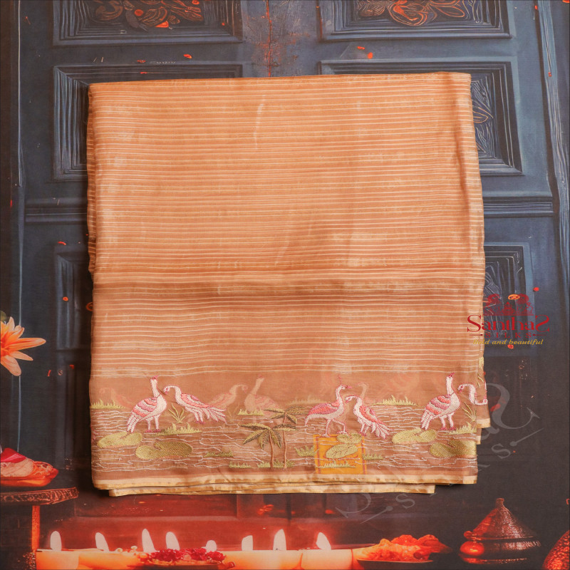  ORGANZA SAREE WITH EMBROIDERY MOTIFS IN LIGHT BROWN COLOUR 