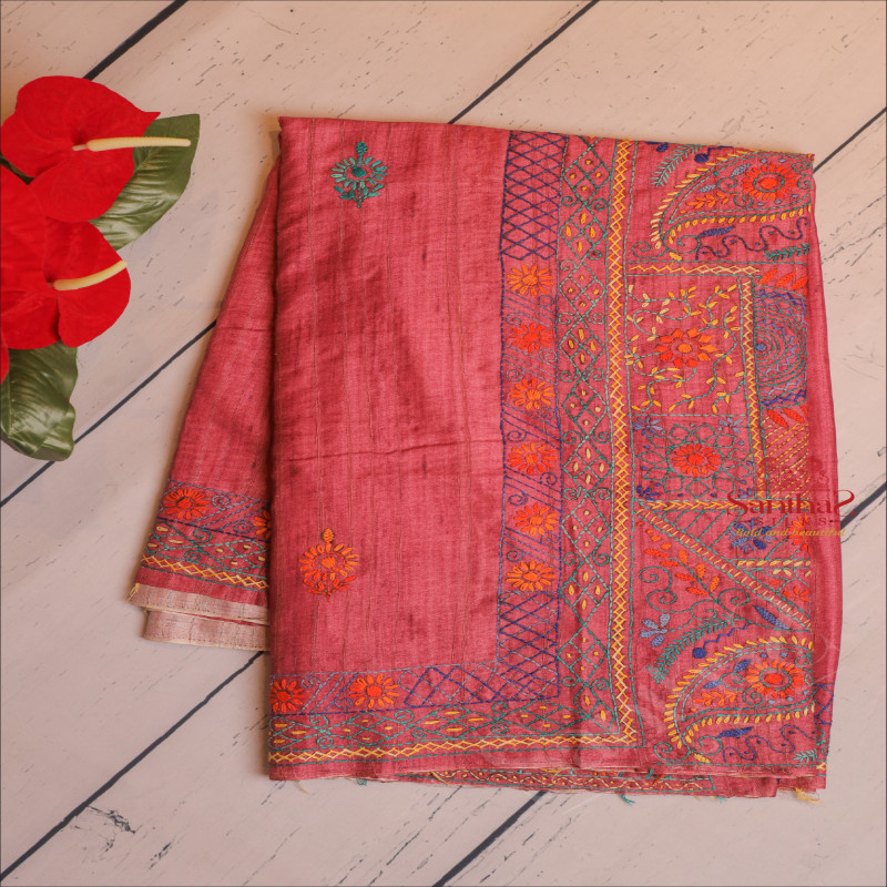  SEMI TUSSAR SAREE WITH EMBROIDERY WORK IN DARK PINK COLOUR 