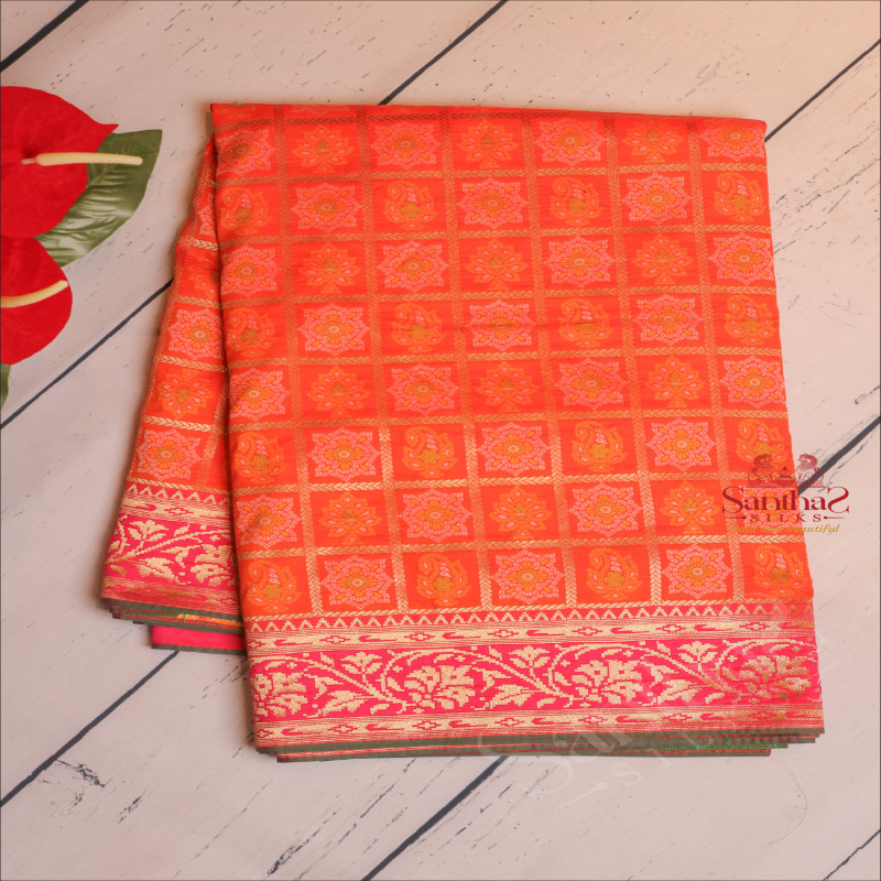  BANARAS CHECKED SAREE WITH ZARI MOTIF IN ORANGE COLOUR WITH CONTRAST BORDER & BLOUSE