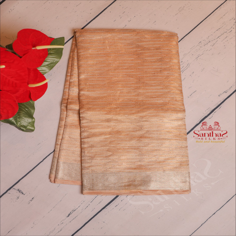  ORGANZA TISSUE SAREE WITH SILVER ZARI BUTTA IN GOLDEN ROSE COLOUR WITH CONTRAST AARI WORK BLOUSE