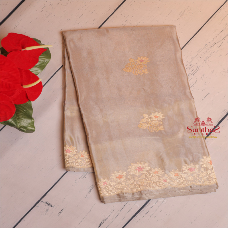 BORDERLESS KHATAN SAREE WITH GOLDEN ZARI MOTIF AND BORDER IN SILVER GREY COLOUR