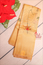 MELLOW YELLOW COLOUR CHECKED TUSSAR SAREE WITH PRINTED FLORAL PATTERN WITH SELF BLOUSE