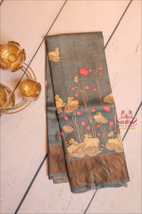 greyish-blue-colour-tussar-saree-with-digital-pichwai-print-self-blouse