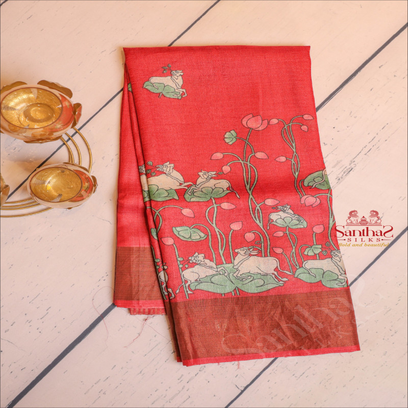  TUSSAR SAREE IN CHERRY RED COLOUR