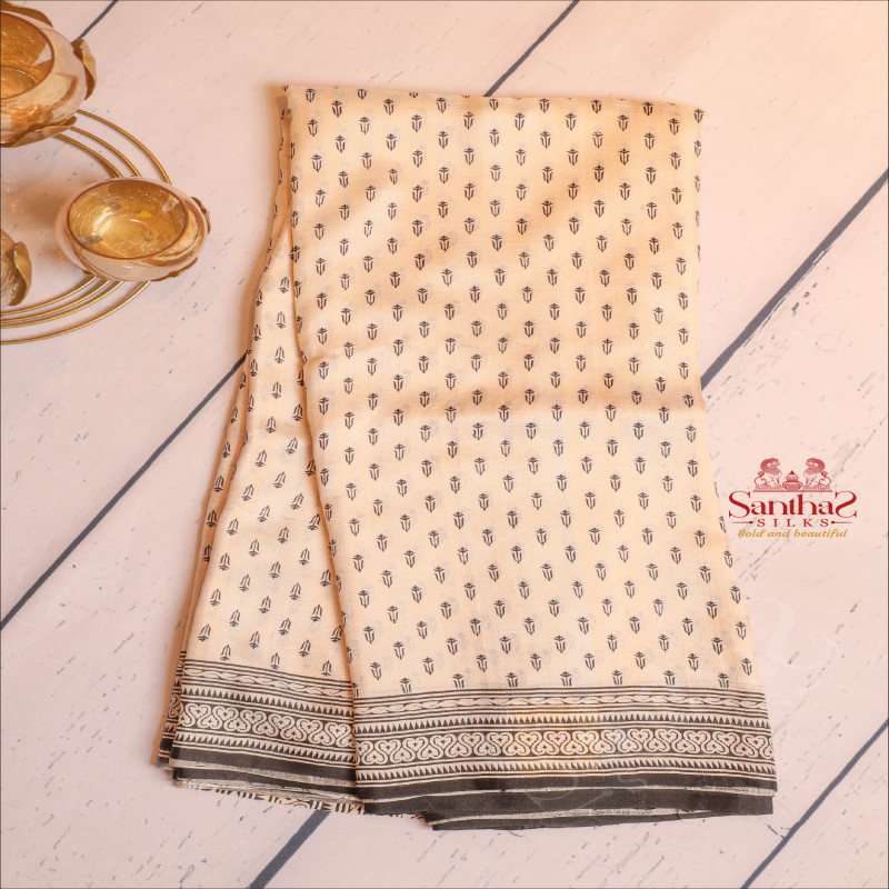  PRINTED SILK SAREE IN HALF WHITE COLOUR