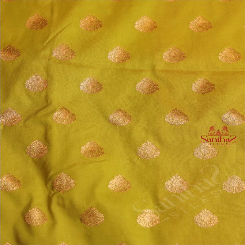 PURE BANARAS SILK SAREE IN YELLOW GREEN COLOUR WITH RED COLOUR PALLU & BLOUSE