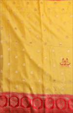 LEMON YELLOW COLOUR SATIN BANARAS SAREE WITH FLORAL ZARI BUTTA WITH CONTRAST BLOUSE & BORDER