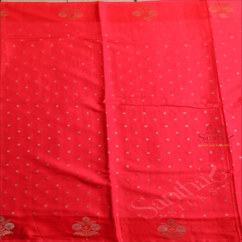 RED COLOUR SATIN BANARAS SAREE WITH ZARI MOTIF AND FLORAL BUTTA WITH SELF BLOUSE