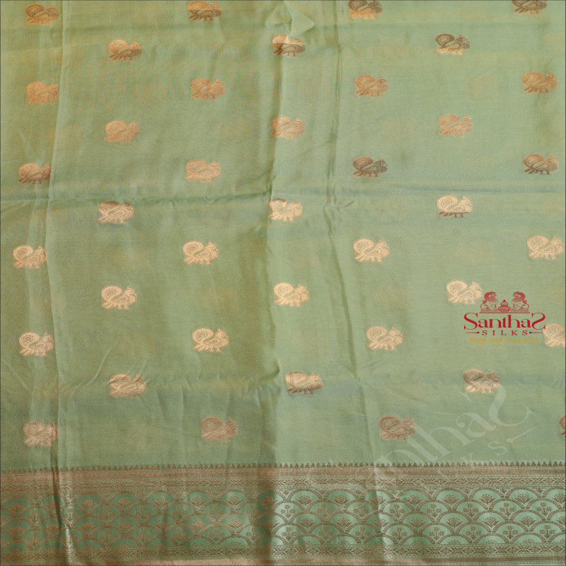 PARRIS GREEN COLOUR SATIN BANARAS SAREE WITH ZARI ANNAM BUTTA AND SELF BLOUSE