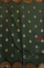 BOTTLE GREEN COLOUR SATIN BANARAS SAREE WITH FLORAL ZARI BUTTA AND SELF BLOUSE