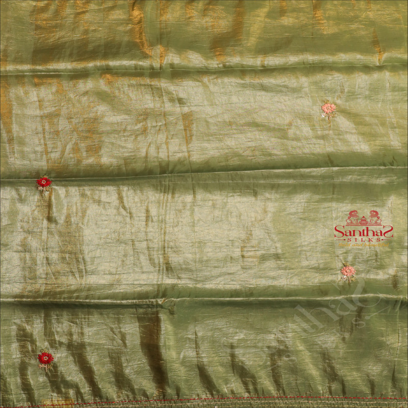 GREEN COLOUR CRUSH TISSUE SAREE WITH FLORAL EMBROIDERY DESIGN AND SELF BLOUSE