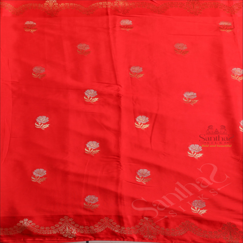 REDISH PINK COLOUR SATIN BANARAS SAREE WITH FLORAL ZARI BUTTA WITH SELF BLOUSE