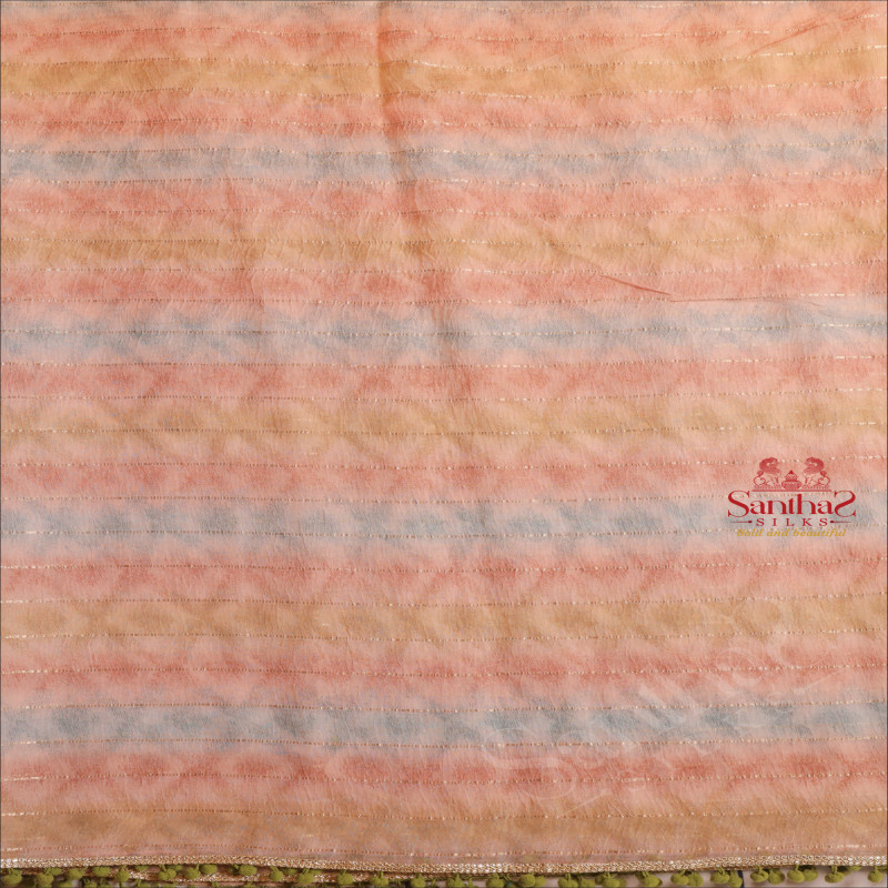 BABY PINK COLOUR FANCY WORK SAREE WITH STRIPS AND CONTRAST BLOUSE