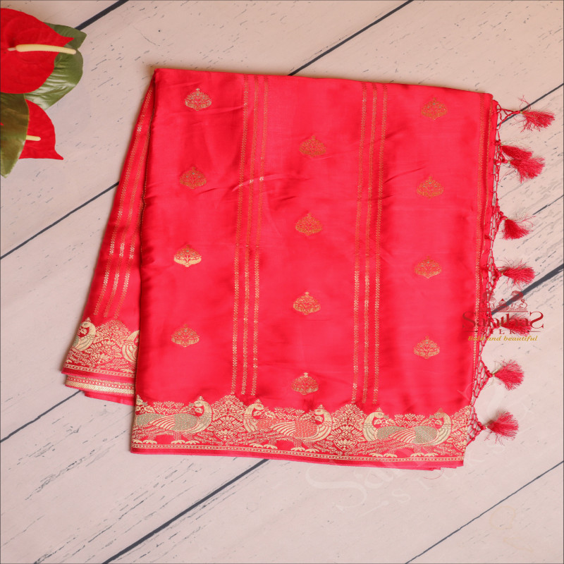 SATIN BANARAS SAREE IN BLOOD RED COLOUR