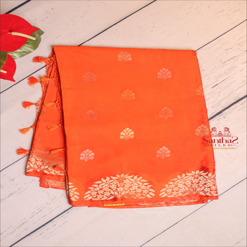SATIN BANARAS SAREE IN RUST ORANGE COLOUR 