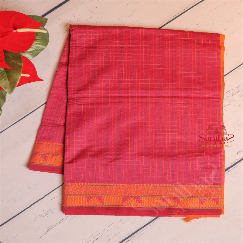 SILK COTTON SAREE WITH CHECKS & BUTTAS IN MEGENTA COLOUR