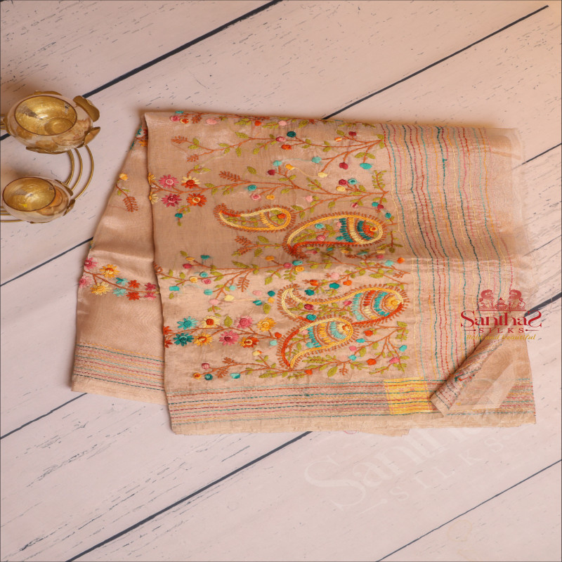 TISSUE SAREE WITH HAND EMBORIDERY WORK IN METALIC COPPER COLOUR 