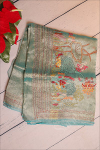 tissue-saree-with-hand-emboridery-work-in-teal-green-golden-colour-mixed