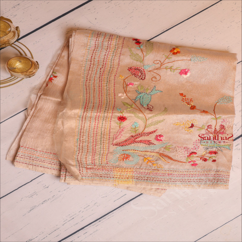  TISSUE SAREE WITH HAND EMBORIDERY WORK IN COPPER & GOLDEN COLOUR MIXED