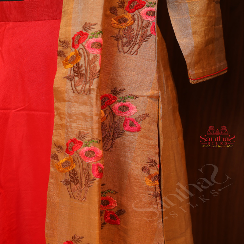 GOLDEN COLOUR CHANDERI SALWAR WITH OVERCOAT & SKIRT