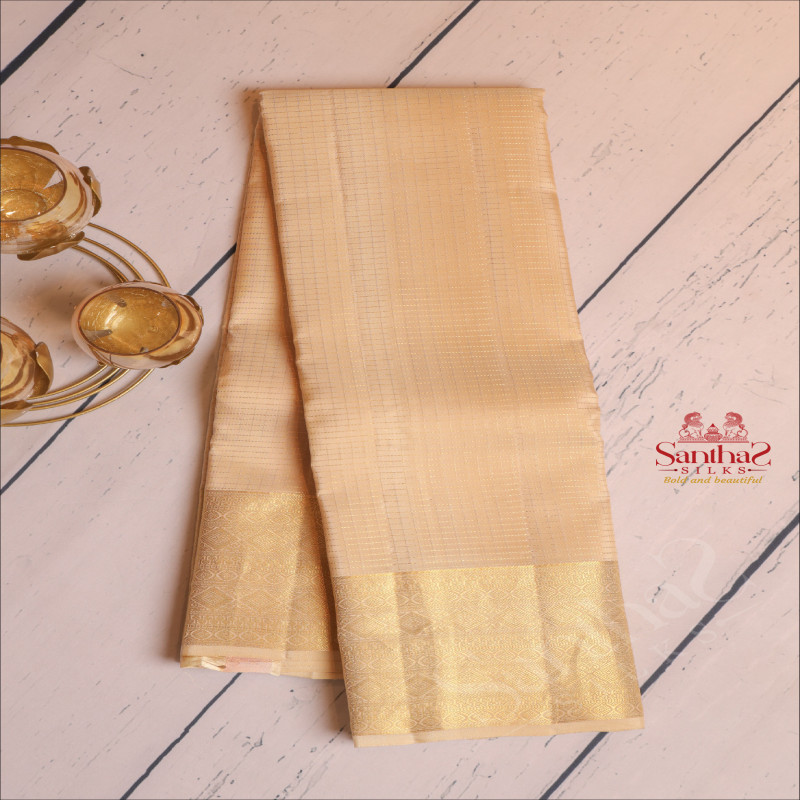 CREAM COLOUR BODY WITH GOLDEN ZARI SMALL CHECKED BOXS AND SELF COLOUR PALLU & BLOUSE
