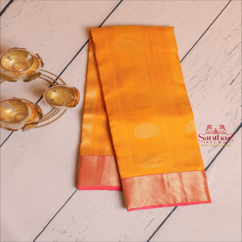 MANGO YELLOW COLOUR BODY WITH GOLDEN ZARI MOTIFS AND CONTRAST PALLU & BLOUSE