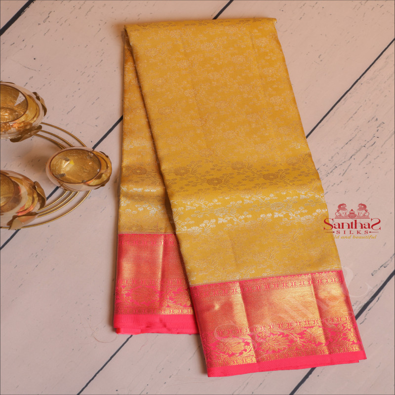 TUSCANY YELLOW COLOUR BODY WITH SILVER ZARI HEAVY DESIGN AND CONTRAST PALLU & BLOUSE
