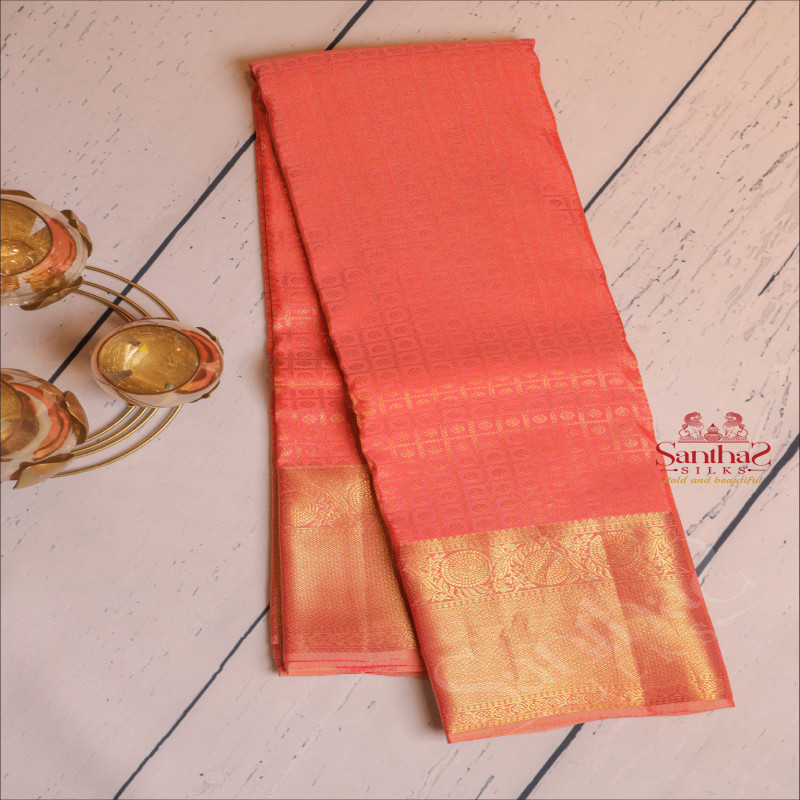 PEACH COLOUR BODY WITH GOLDEN ZARI 1000 BUTTAS IN BOXES AND SELF COLOUR PALLU & BLOUSE