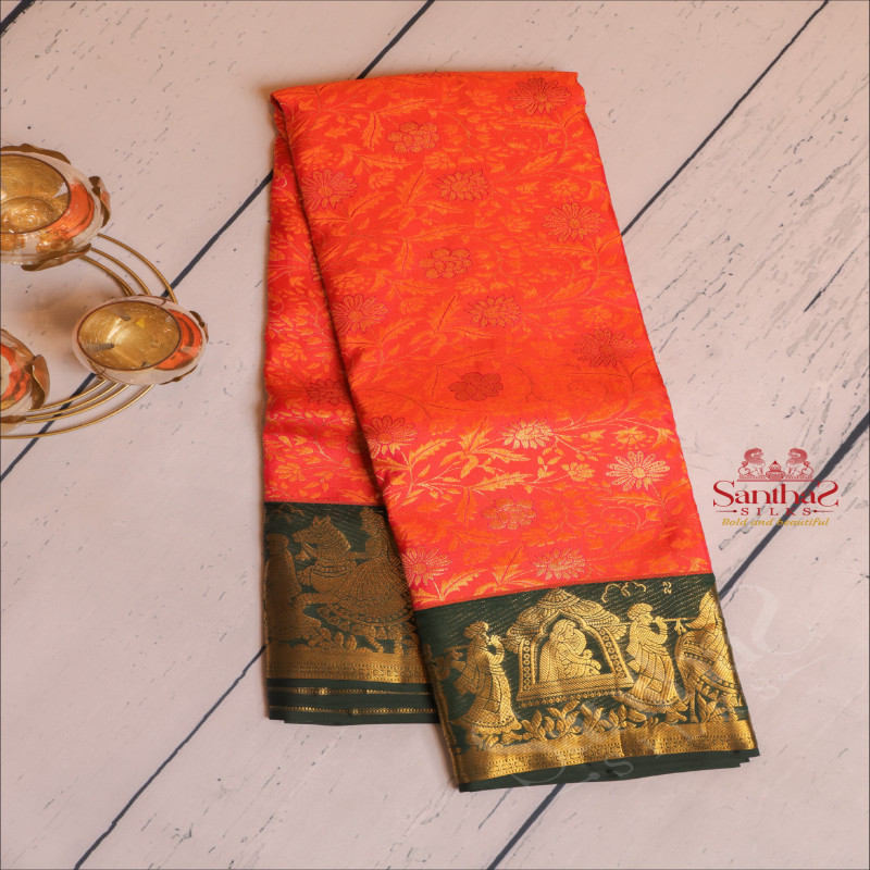 ORANGE COLOUR BODY WITH GOLDEN ZARI HEAVY DESIGN AND CONTRAST PALLU & BLOUSE