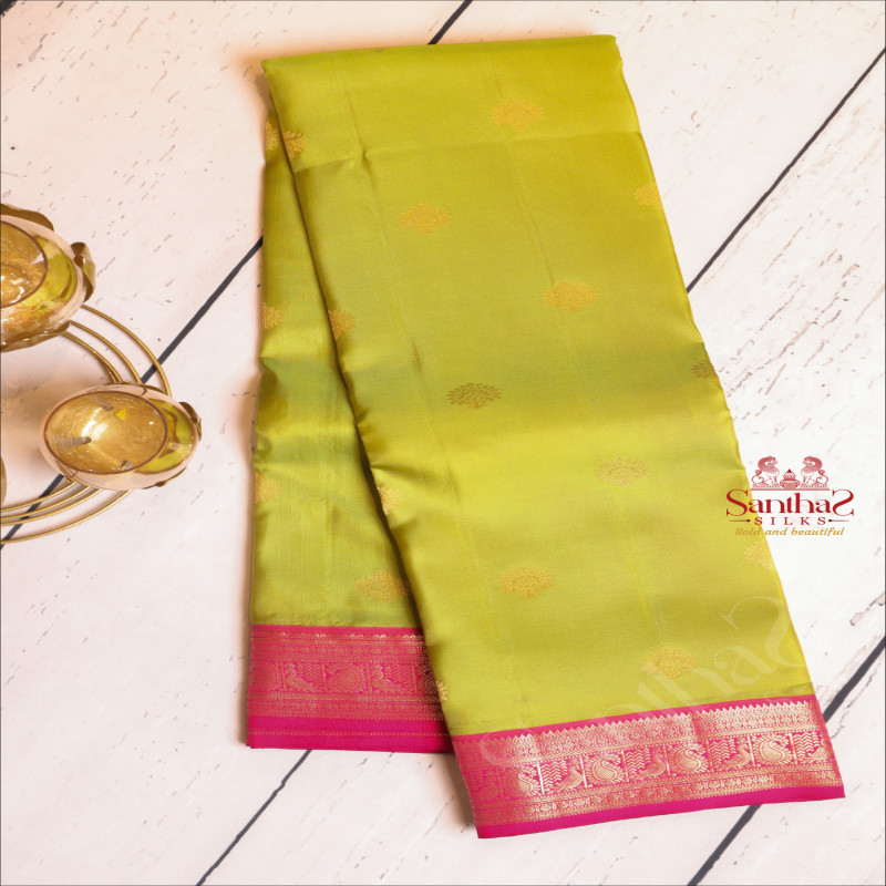 LIMERICK GREEN COLOUR BODY WITH GOLDEN ZARI BUTTAS AND CONTRAST PALLU & BLOUSE